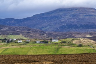 Farms over Loch Harport, Drynoch, Isle of Skye, Scotland, UK