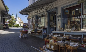 Souvenir shops at Kapellplatz, place of pilgrimage, Altötting, Upper Bavaria, Bavaria, Germany