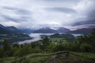 Marxenhöhe near Berchtesgaden with Watzmann view in the morning mist after the rain