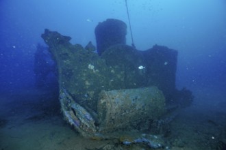 Corridors of a shipwreck on the seabed. Dive site wreck Ville de Grasse, Giens peninsula,
