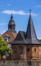 The old town centre with the town wall and the Seemenbach stream, Büdingen, Hesse, Germany