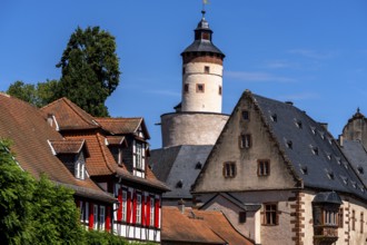 The old castle with Barbarossaplatz and the castle café in the old town centre of Büdingen, Hesse,