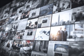 Collage of corporate mainstream media and international news coverage, AI generated