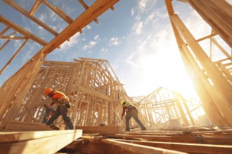 Collage of construction workers building homes, AI generated