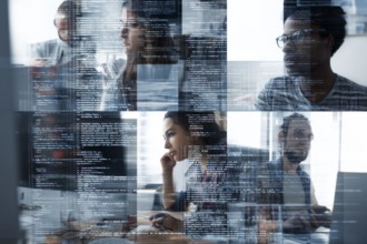 Collage of coders doing coding on transparent board. Concept of artificial AI programming and