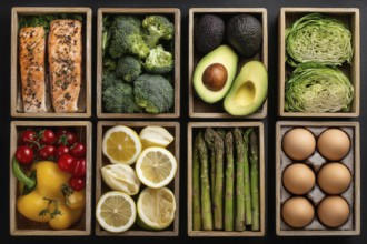 Collage of boxes with healthy food for various diets that improve digestive and heart health, AI