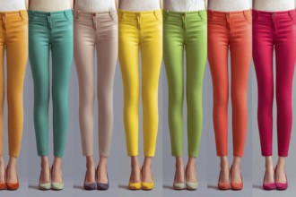 Collage of beautiful women legs in coloured pants, AI generated