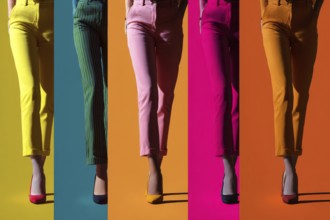 Collage of beautiful women legs in colored pants. Wide angle visual for banners or advertisements.