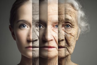 Collage of a face of the same person aging from young to old, AI generated