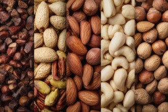 Collage of healthy nuts and legumes that improve heart and digestion health, AI generated