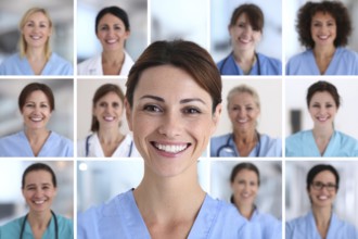 Collage of hospital nurses and medical professionals smiling. Concept of hospitality and excellent