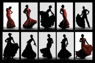 Collage of flamenco dancers. Passionate spanish music, AI generated