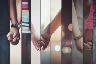 Collage of diverse lovers holding hands together. Concept of love devotion and family values, AI