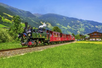 Historic Zillertal railway with steam locomotive, Zillertal, Zillertal Alps, Tyrol, Austria