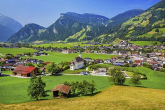 View of the village and valley, Hippach, Zillertal, Zillertal Alps, Tyrol, Austria