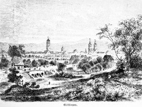 Townscape of Göttingen on the Leine, stone bridge, church with double tower, landscape, Lower