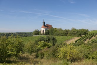 Rural landscape with the pilgrimage church Maria im Weingarten, on a hill, surrounded by extensive