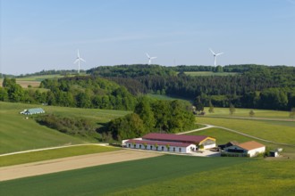 Idyllic rural scene with windmills, green fields and a farm under a blue sky, near Westerheim,