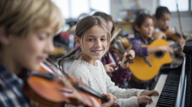 Diverse children paying musical instrument and learning music at music school, AI generated