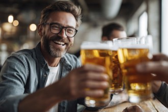 Cheerful man and his friends toast with beer while gathering in bar for the celebration event, AI