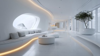 Bright futuristic living room with curved built-in sofa, oval windows create a glowing ambiance.