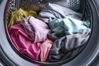 Dirty clothes in a laundry machine being washed and dried, AI generated