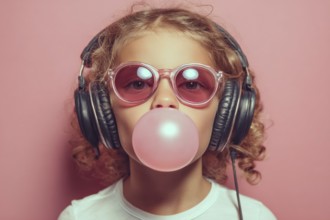 Child in a big headphones and bubble gum, AI generated