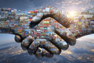 Collage and culture and business cooperation between governments. Shaking hands covered in