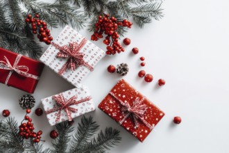 Christmas and New Year holiday background. Xmas greeting card and gifts on white background top