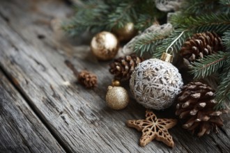 Christmas decoration on wooden background, AI generated