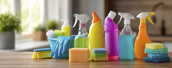 Cleaning set with products and tools on kitchen table, AI generated