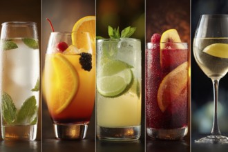 Collage of alcoholic drinks and cocktails and glasses, AI generated