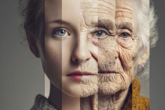 Collage of a face of the same person aging from young to old, AI generated