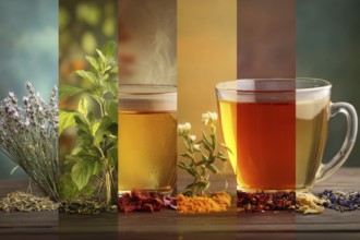 Collage healthy organic tea and healthy drinks, AI generated