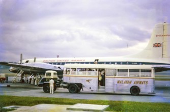 British United Airways (BUA) aeroplane, Bristol Britannia turboprop airliner, Malayan Airways Bus,