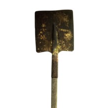 Old rusty spade stands vertically with a wooden handle, highlighting its weathered surface and