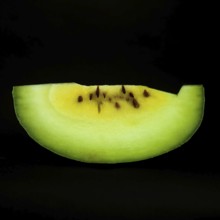 A vibrant slice of watermelon sits against a sleek black background, showcasing its juicy red flesh