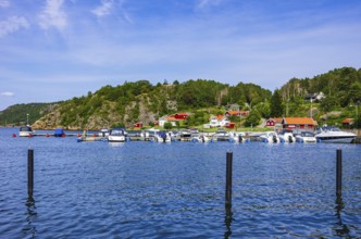Coastal landscape with housing estate and marina in Henan, Orust, Bohuslän, Västra Götalands län,