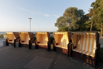 Five beach chairs in the evening light, seats of a beard on the beach promenade, Kühlungsborn,