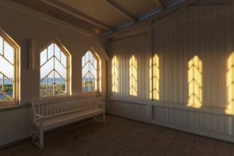 Concert garden Kühlungsborn-West, evening sun shining through the window, architecture in the style