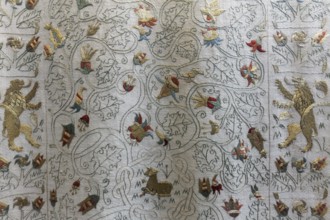Wedding cloth from the 16th century, embroidered ornaments and lions, St Mary's Church, Rostock,