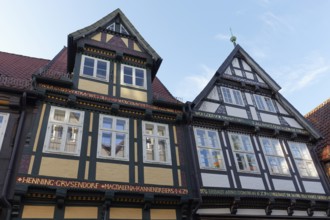 Half-timbered houses from the 17th century, façade with pious inscriptions, Celle Old Town, Celle,