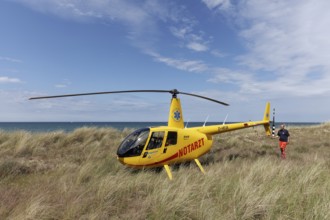 Robinson R 44 Raven rescue helicopter waiting in the dunes, emergency doctor on the beach,