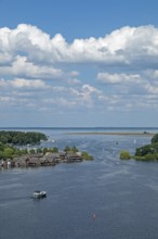 View from the tower of St Mary's Church, Müritz, lake, boats, boathouses, holiday homes, Röbel,