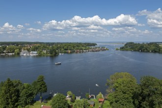 View from the tower of St Mary's Church, Müritz, lake, boats, boathouses, holiday homes, Röbel,
