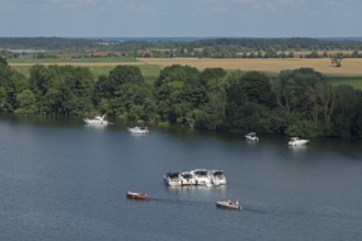 View from the tower of St Mary's Church, motor yachts, Müritz, lake, trees, Röbel, Mecklenburg Lake