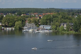View from the tower of St Mary's Church, boats, houses, marina, Müritz, lake, trees, Röbel, Müritz,