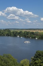 View from the tower of St Mary's Church, motor yachts, Müritz, lake, trees, Röbel, Mecklenburg Lake