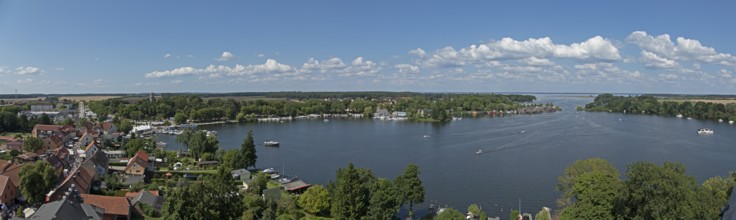 Panoramic view from the tower of St Mary's Church, Photomerge, Müritz, lake, boats, boathouses,