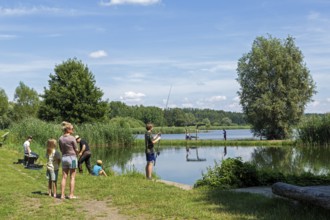 People fishing, fishing ponds, Fischers Land Boek, Mecklenburg Lake District, Mecklenburg-Western